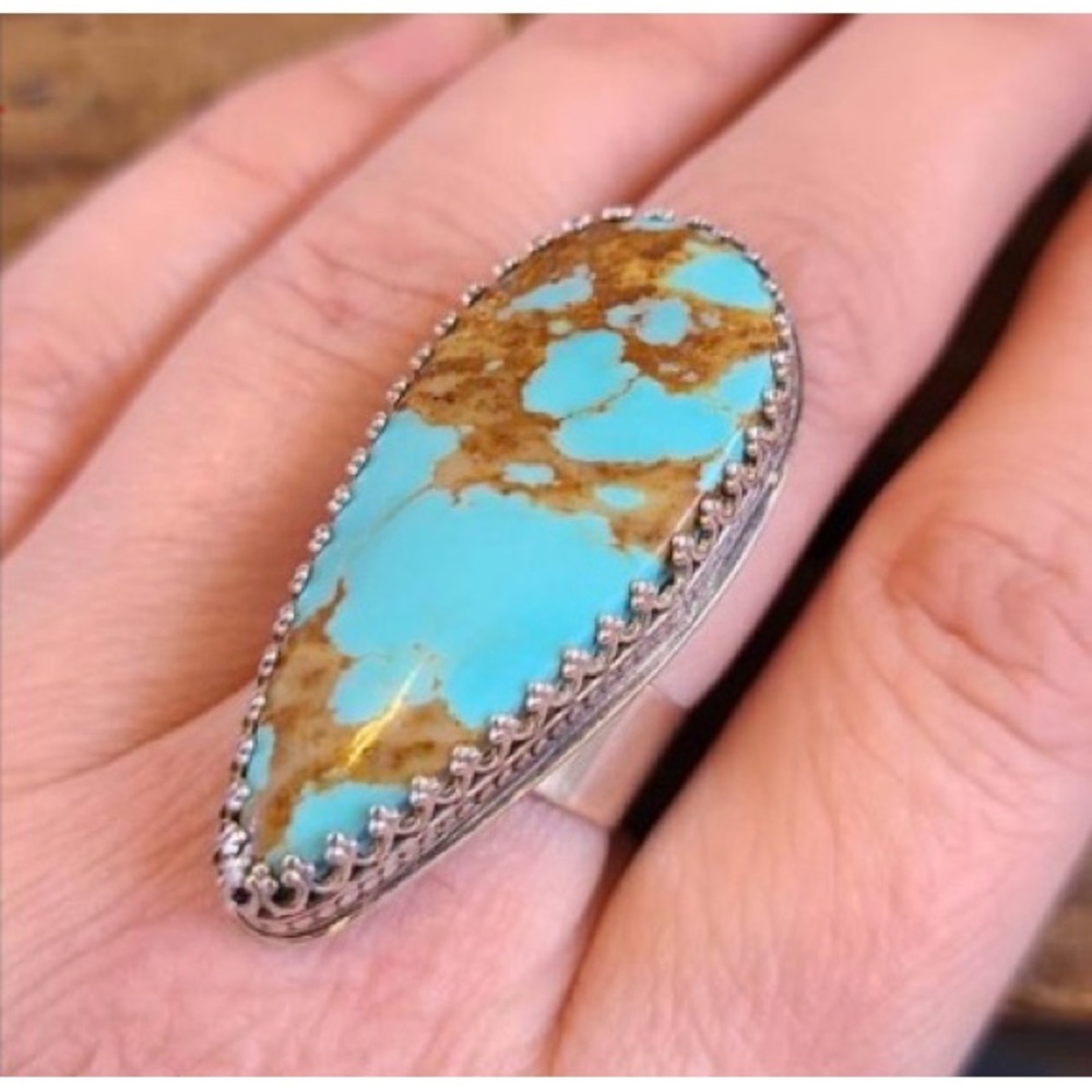 Handmade Kingsman Gold Turquoise Sterling Silver Ring - Picture 3 of 4